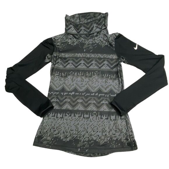 Nike Pro Top Womens Medium Black Aztec Thumb Holes Dri Fit Turtleneck Logo - Picture 2 of 8